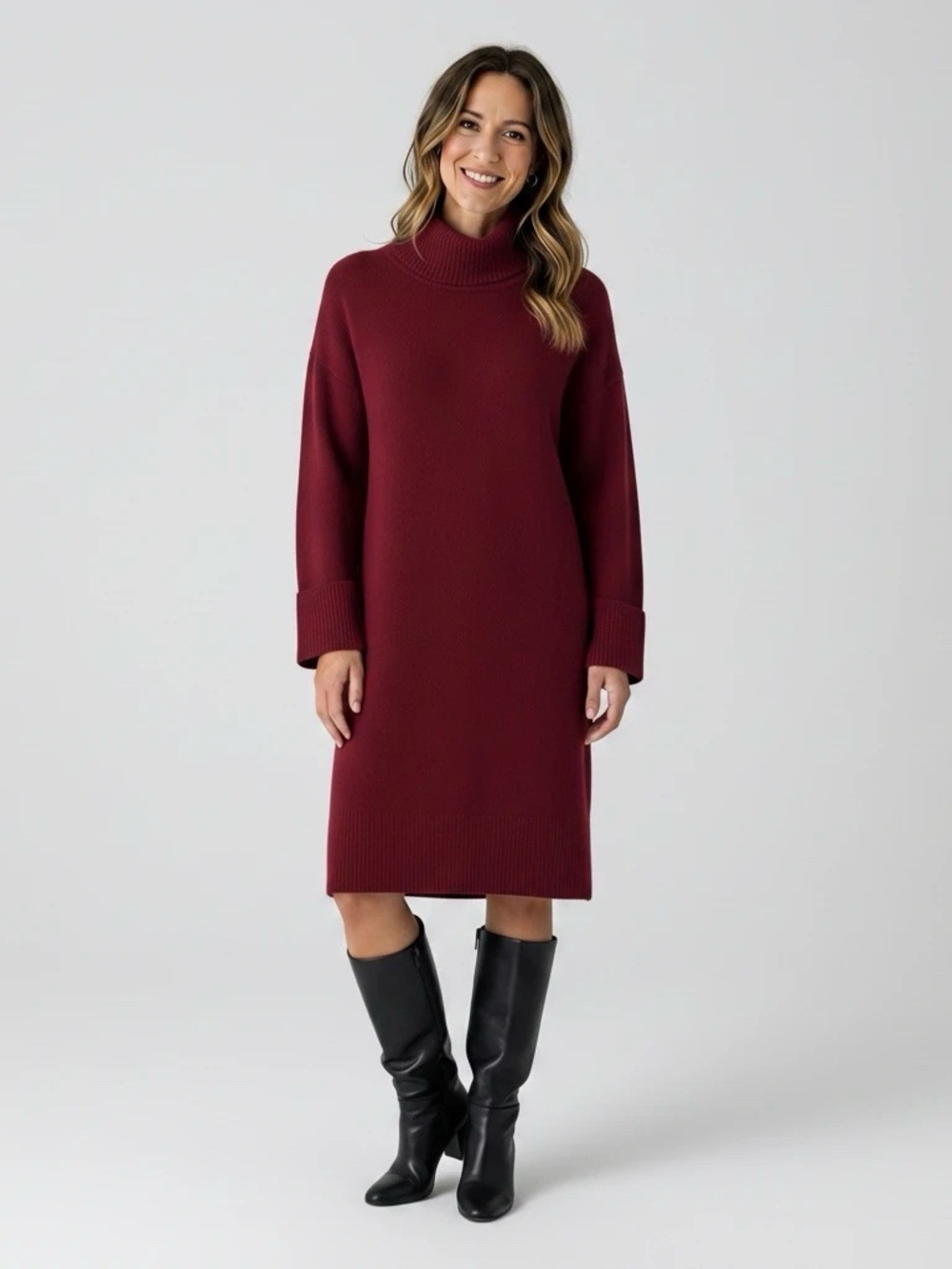Zenana Deep Burgundy Boho Turtleneck Sweater Dress in Deep Burgundy- Womens Sm